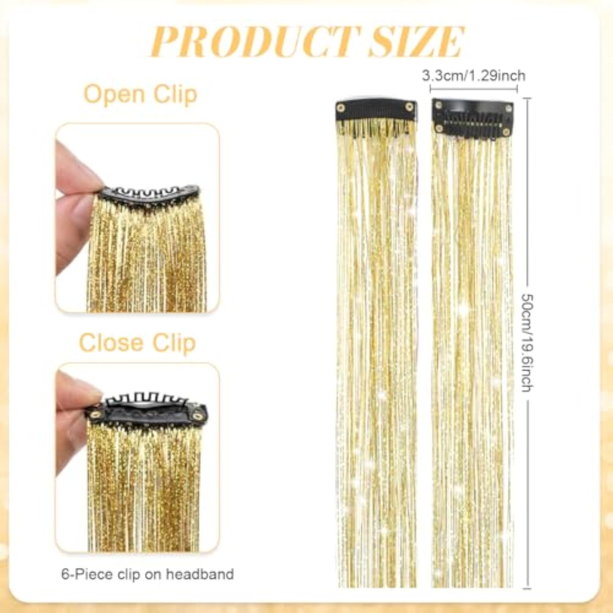 6Pcs Gold Glitter Clip-In Hair Tinsel Extensions for Women